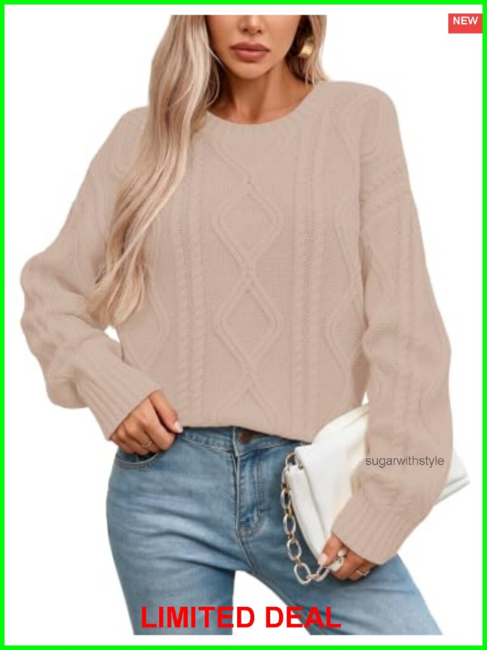 Oversized Chunky Cable Knit Crewneck Long Sleeve Sweater